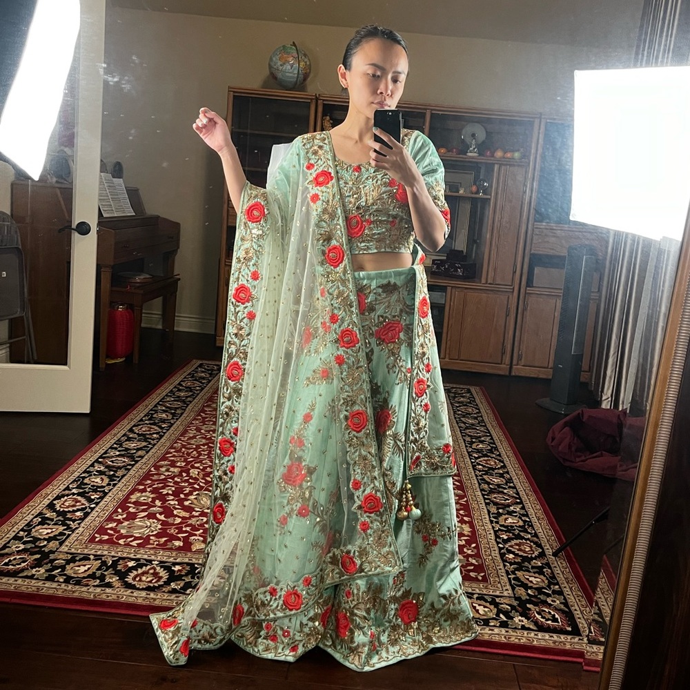 raw silk embroidered lehenga